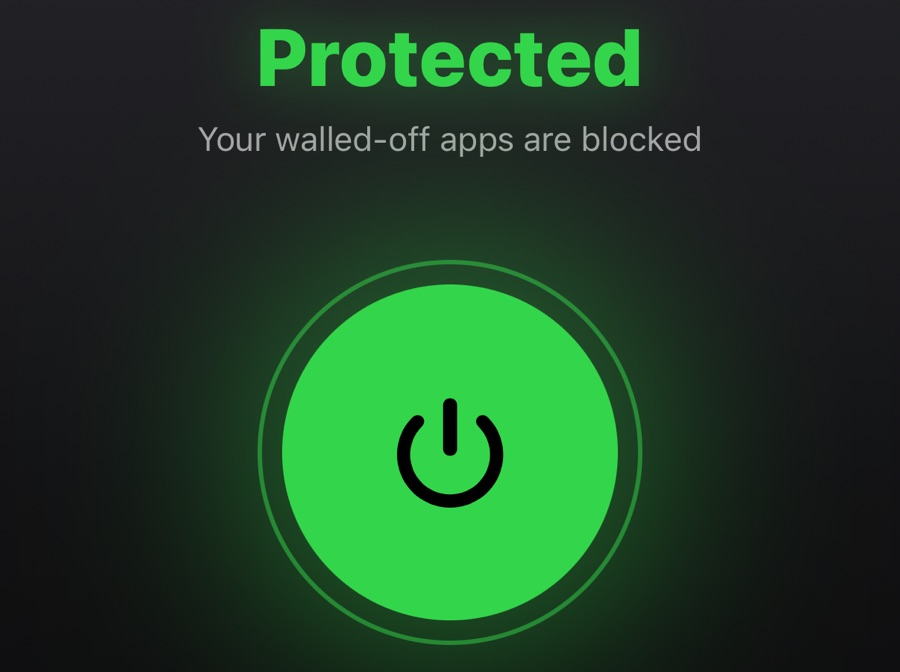 The Focus screen reading Protected, with the green power switch