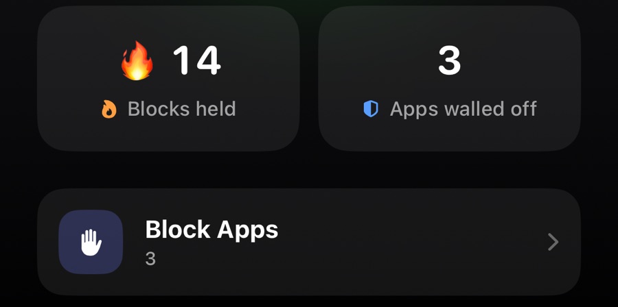 Blocks held and apps walled off, with the Block Apps row